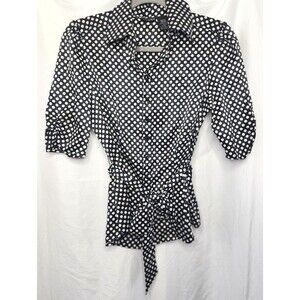 MixIt Polka Dot Satin Blouse Medium Black White Puff Sleeve Belted Career Top